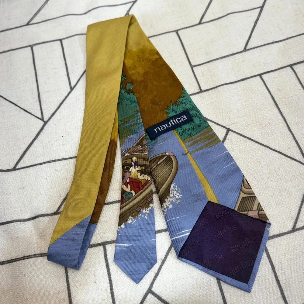 Nautica‎ Silk Necktie One Size Blue Yellow Vintage Tropical Boat Seaplane Scenic